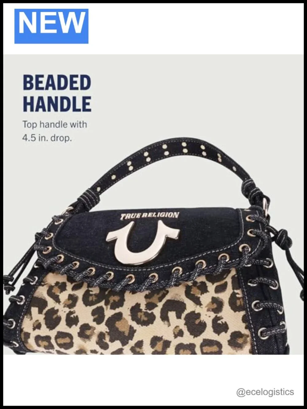 Denim Eyelet Trim Flap Bag with Leopard Panel and Gold Hardware